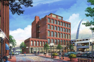 Digital watercolor rendering of the Switzer building and St. Louis Arch Digital Watercolor Architectural Rendering